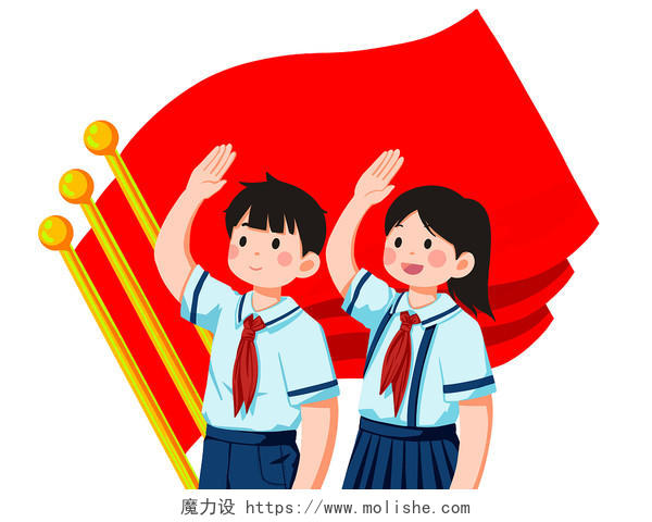 八一建军节小学生飘扬红旗敬礼PNG素材